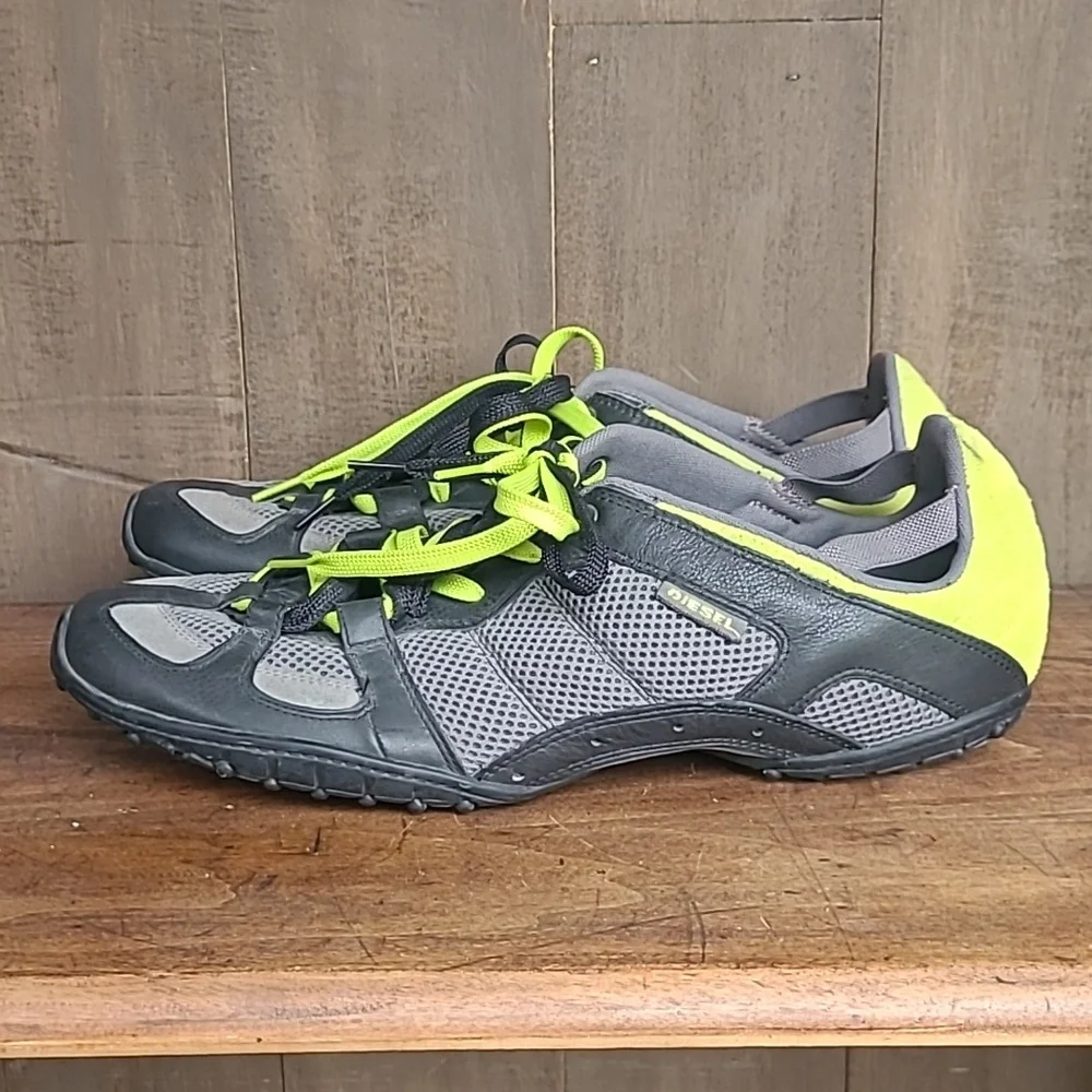 Diesel Hunter Black/Grey Leather Neon Yellow Double Lace Up Sneaker Men's sz 16